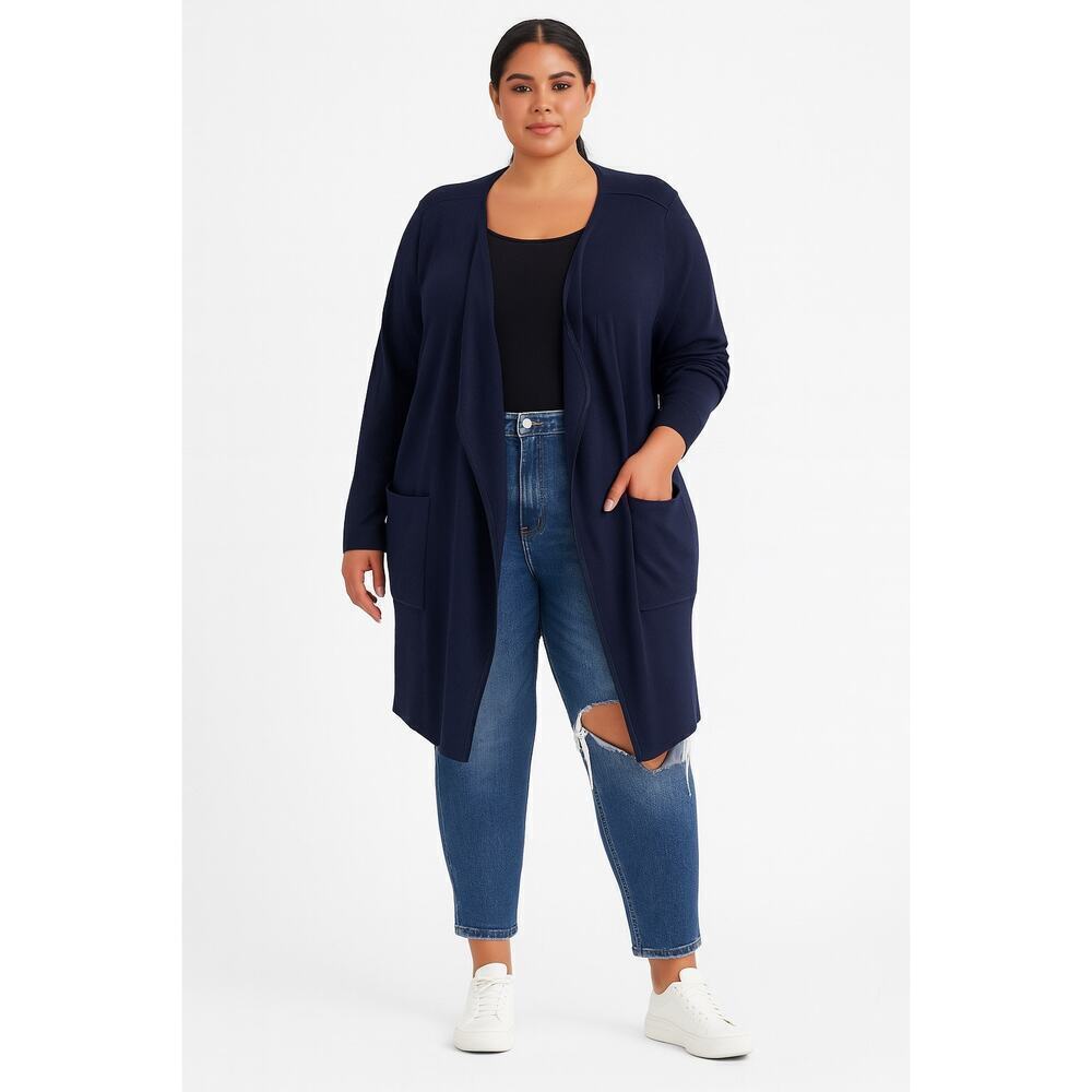 Ann Taylor Long Line Waterfall Cardigan Pockets Navy Blue Size XL Office Work
